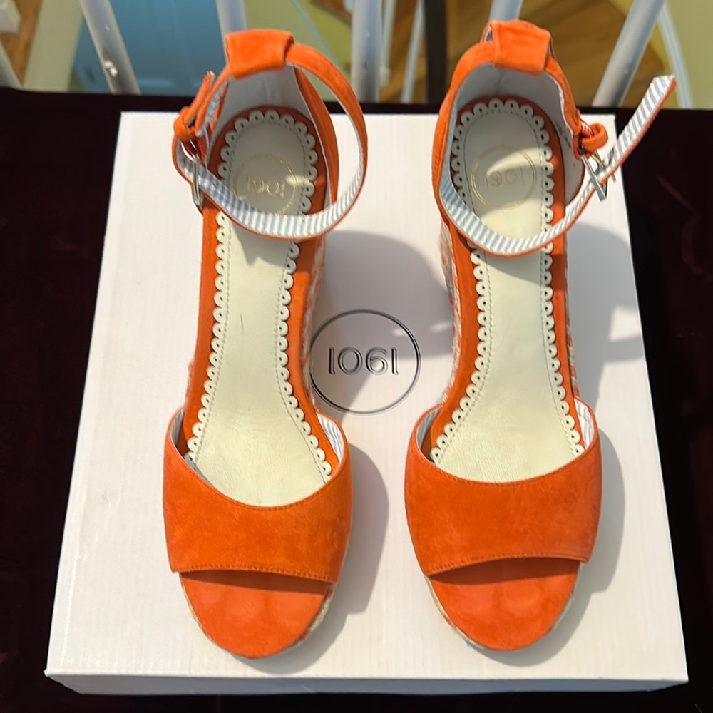 Brand new orange suede wedge sandals in 7.5